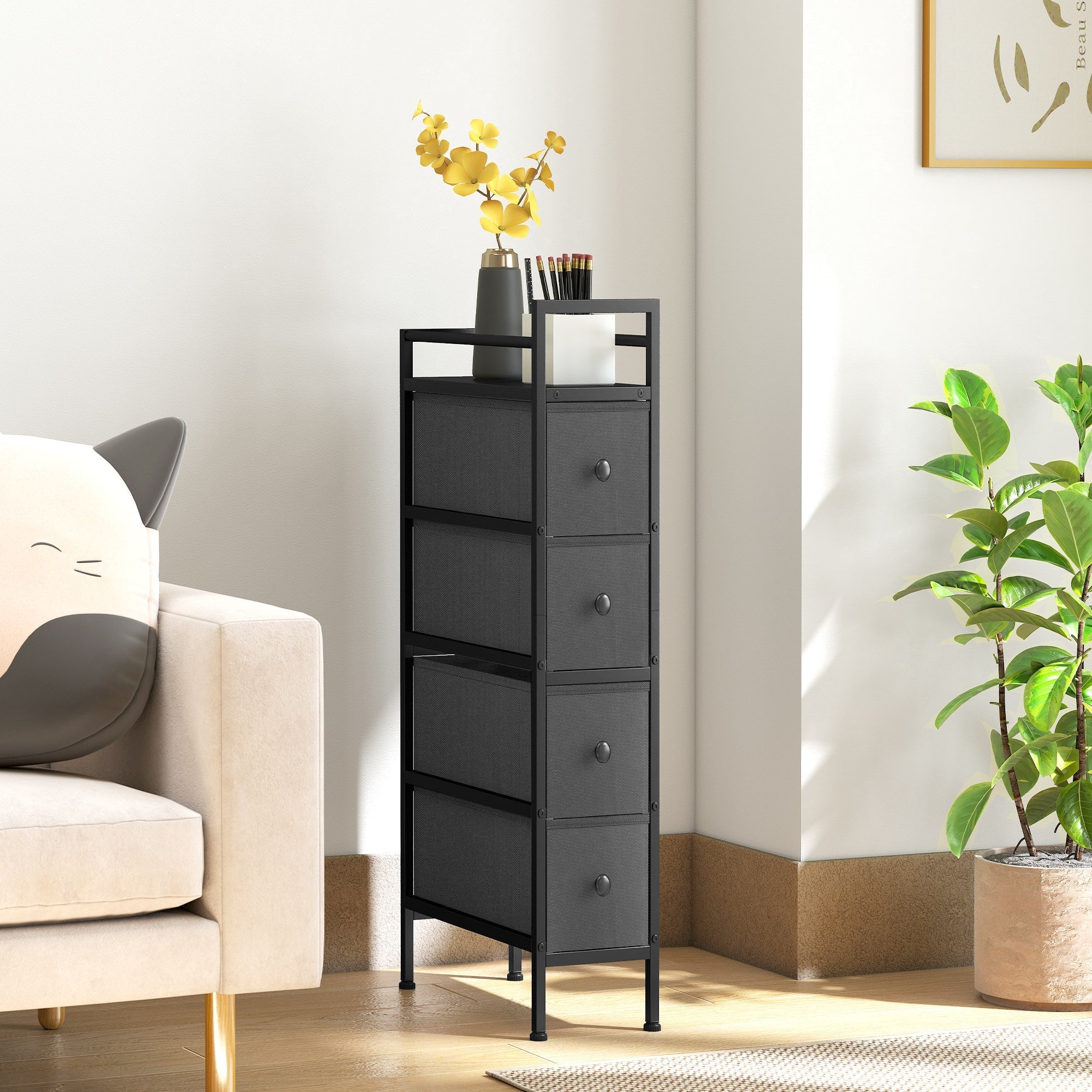 Homcom black fabric chest with steel frame and four drawers perfect for narrow spaces with a vase on top shelf