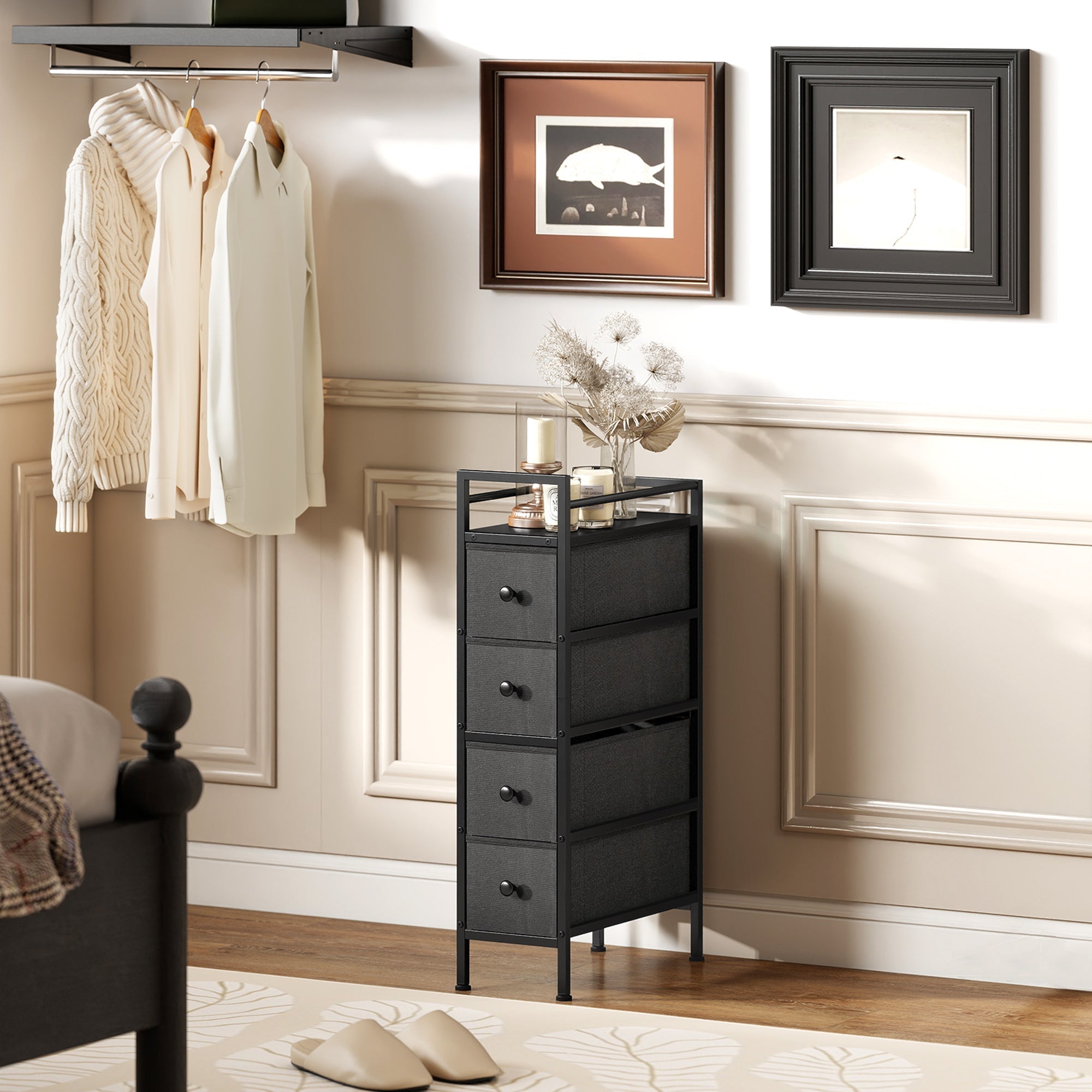 Black metal tower drawer unit with four drawers glass top steel frame fabric chest for narrow spaces bedroom storage
