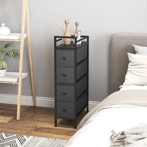 Black metal-framed fabric chest with four gray drawers and round knobs perfect for narrow spaces with steel frame