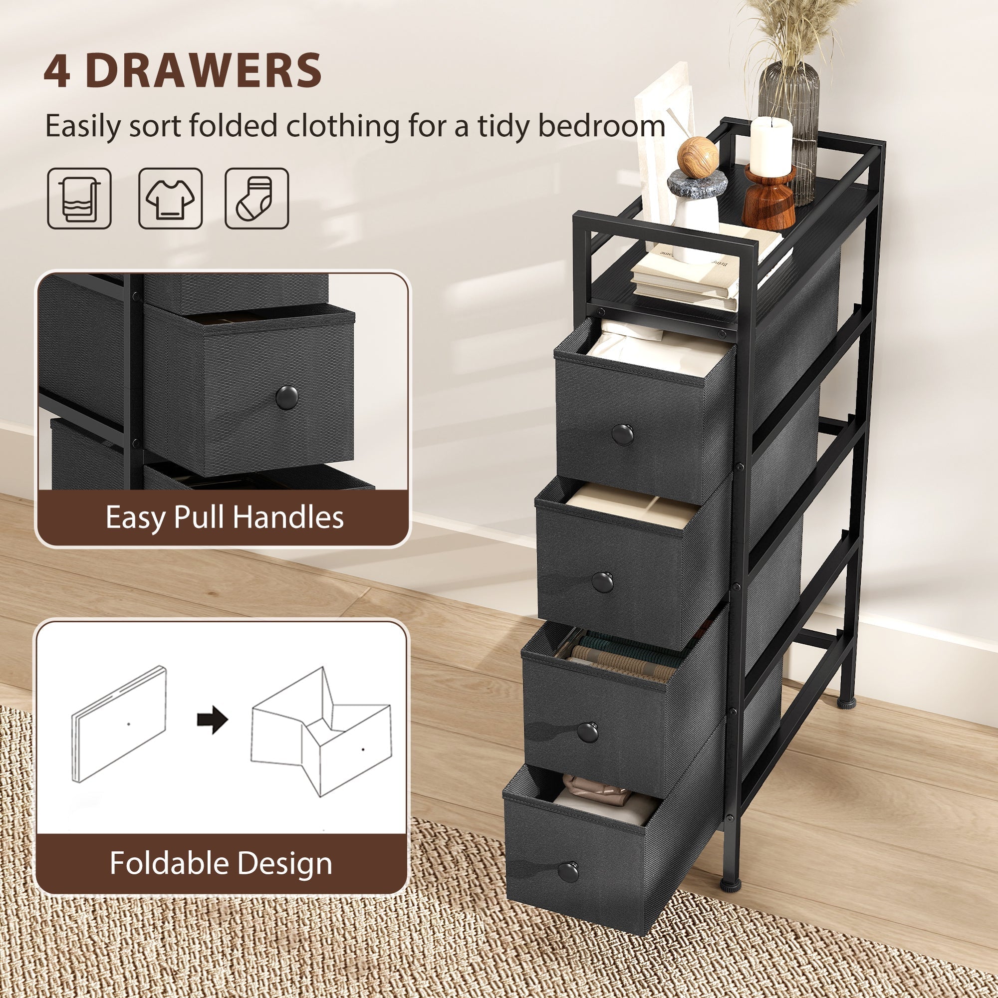 Black fabric chest with steel frame and round handles slim drawer dresser for narrow spaces and small bedrooms