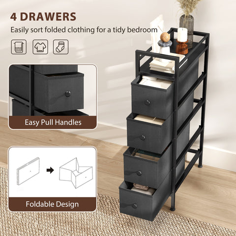 Black fabric chest with steel frame and round handles slim drawer dresser for narrow spaces and small bedrooms