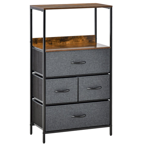 Gray fabric storage chest with black metal frame wooden top shelves featuring two small drawers two large drawers
