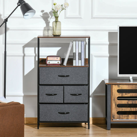Gray fabric drawer unit with black metal frame and handles featuring two small drawers and two large drawers for home storage