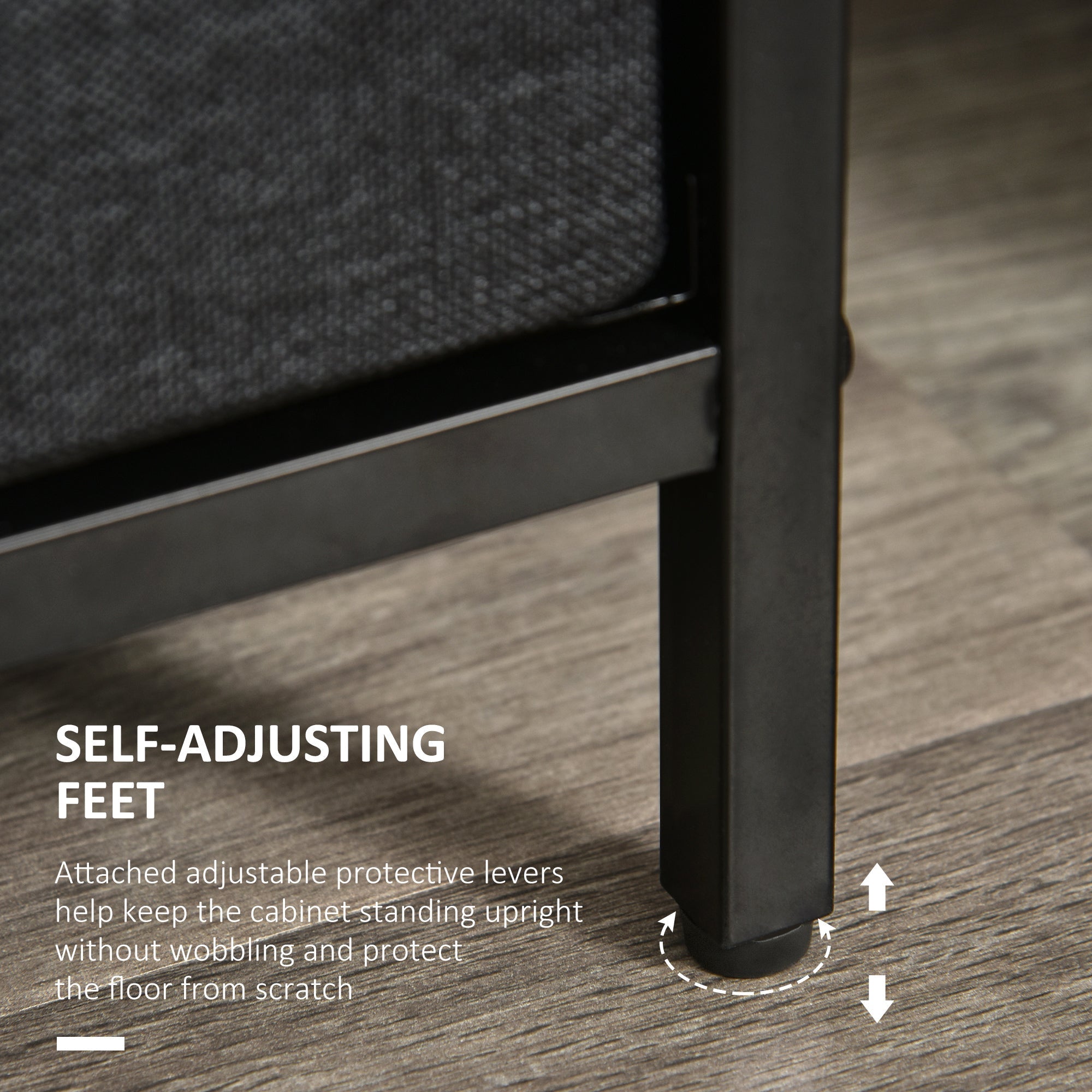 Black metal cabinet foot with self-adjusting protective levers on homcom 4 drawer storage chest with two small drawers and two large