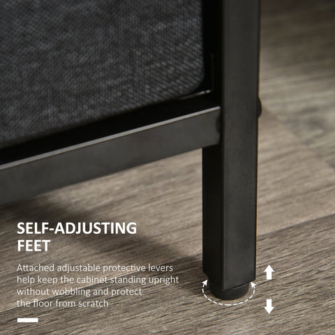 Black metal cabinet foot with self-adjusting protective levers on homcom 4 drawer storage chest with two small drawers and two large