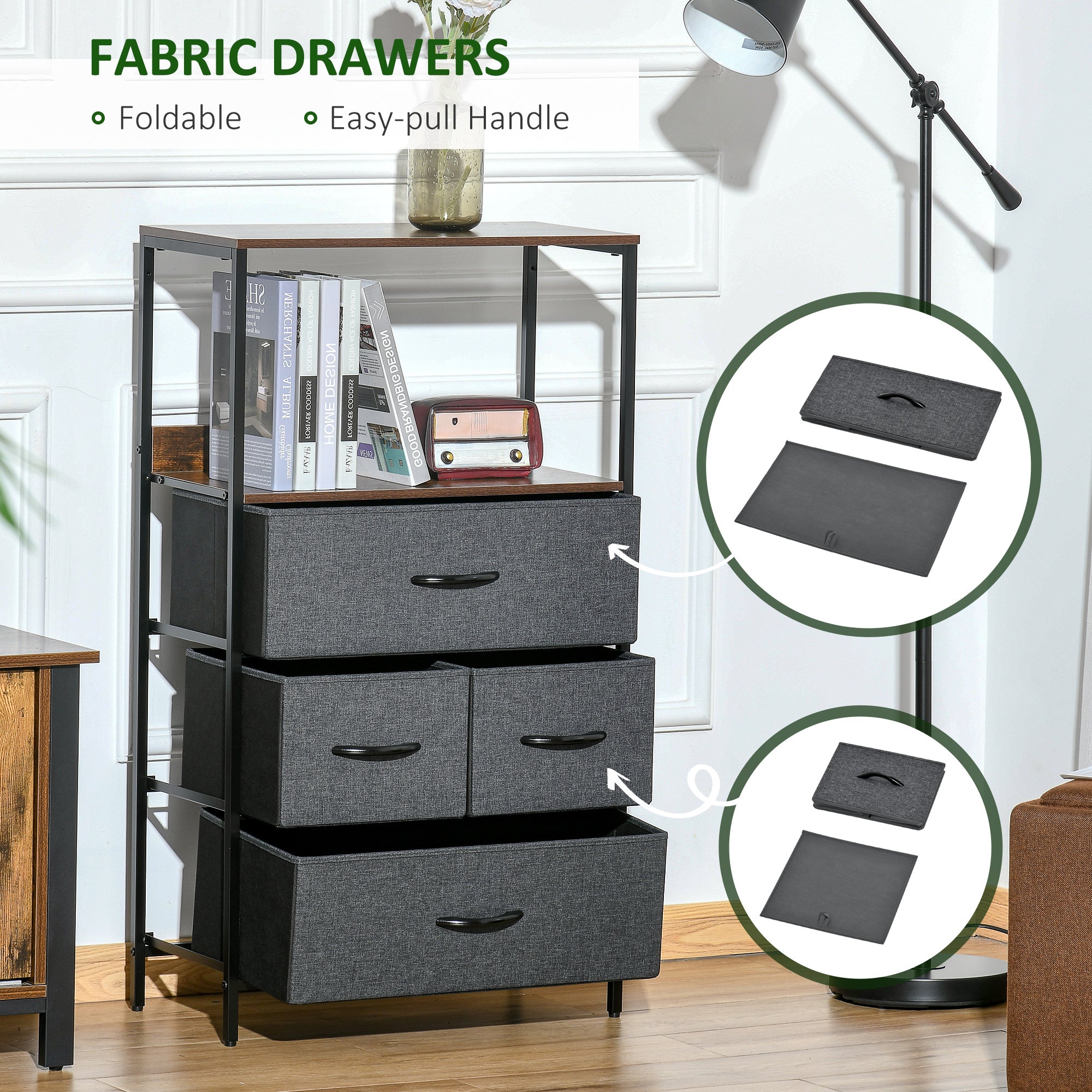 Homcom 4 drawer storage chest unit with gray fabric two small drawers and two large drawers black metal frame and handles