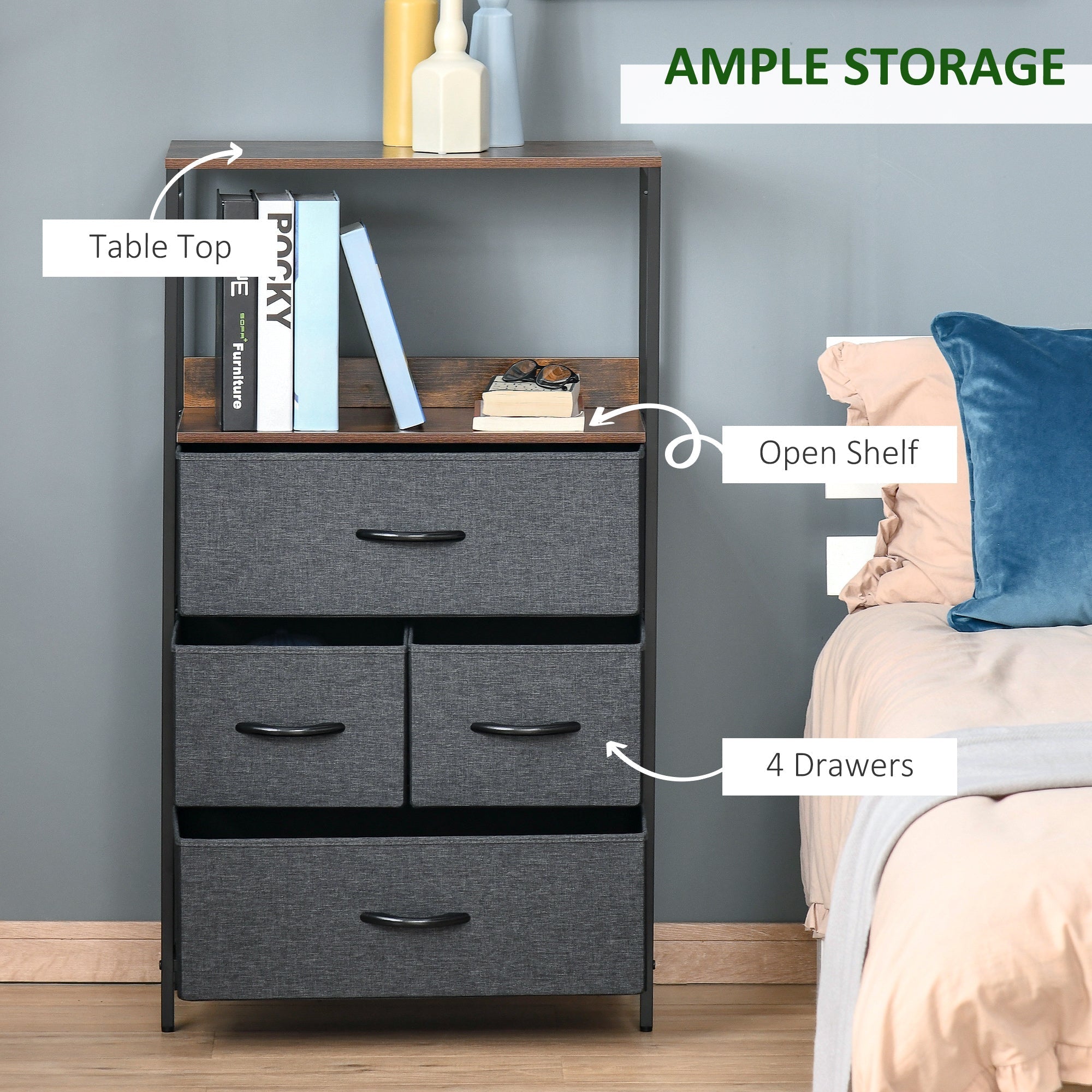 Gray fabric storage chest with wooden top black metal frame two small drawers two large drawers for living room use