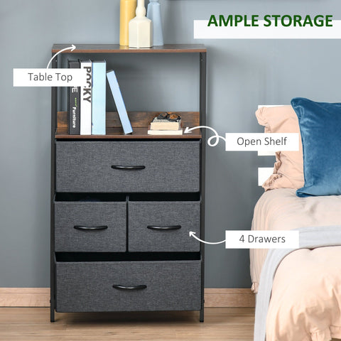Gray fabric storage chest with wooden top black metal frame two small drawers two large drawers for living room use