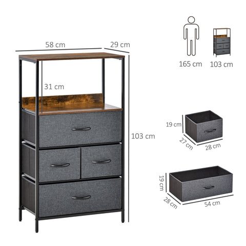 Black metal-framed homcom storage chest with rustic wood top and three gray fabric drawers for home use