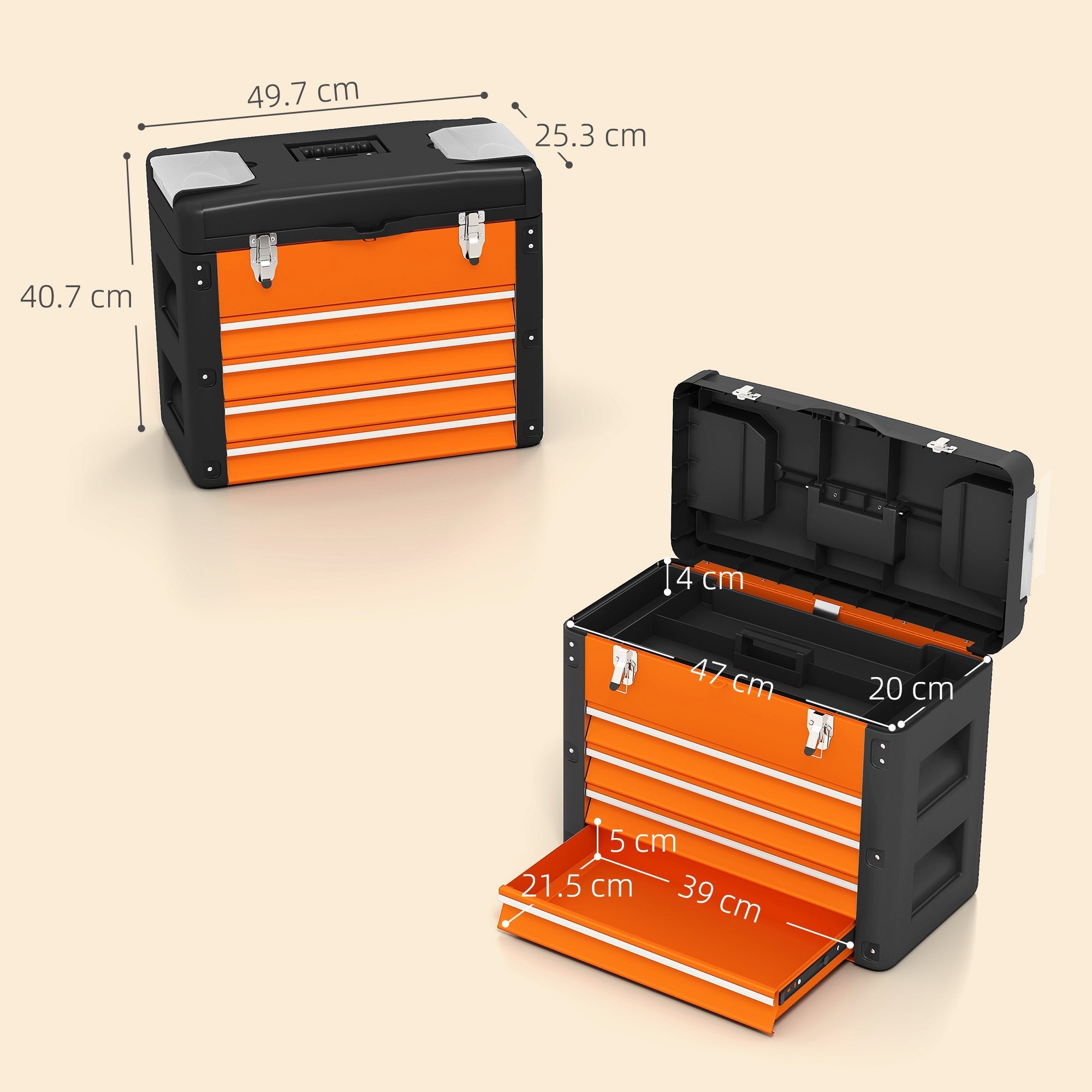 Orange and black homcom large toolbox with four steel drawers and two detachable mini toolboxes in sturdy plastic