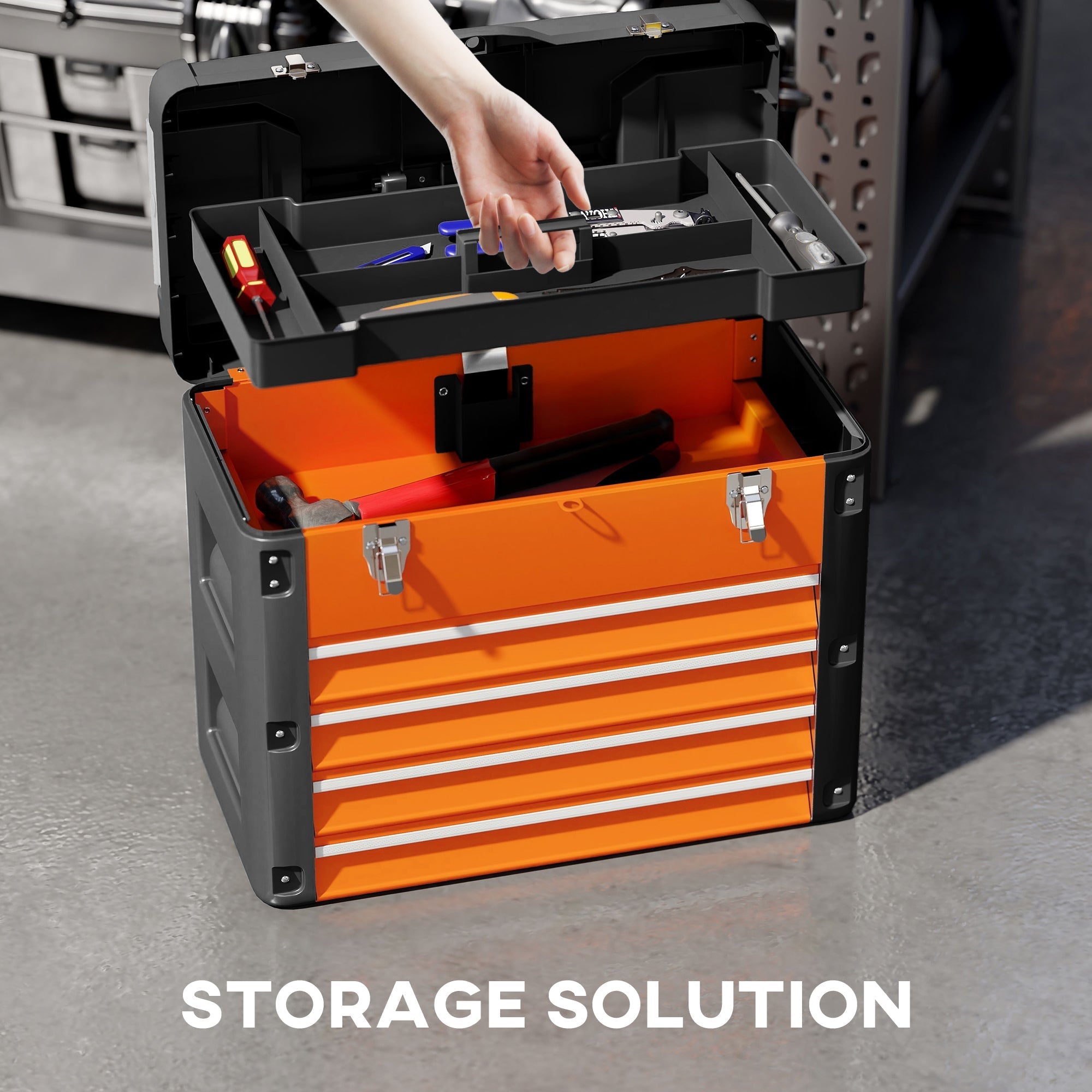 Orange homcom large toolbox with steel drawers and two detachable mini compartments open showing organized tools