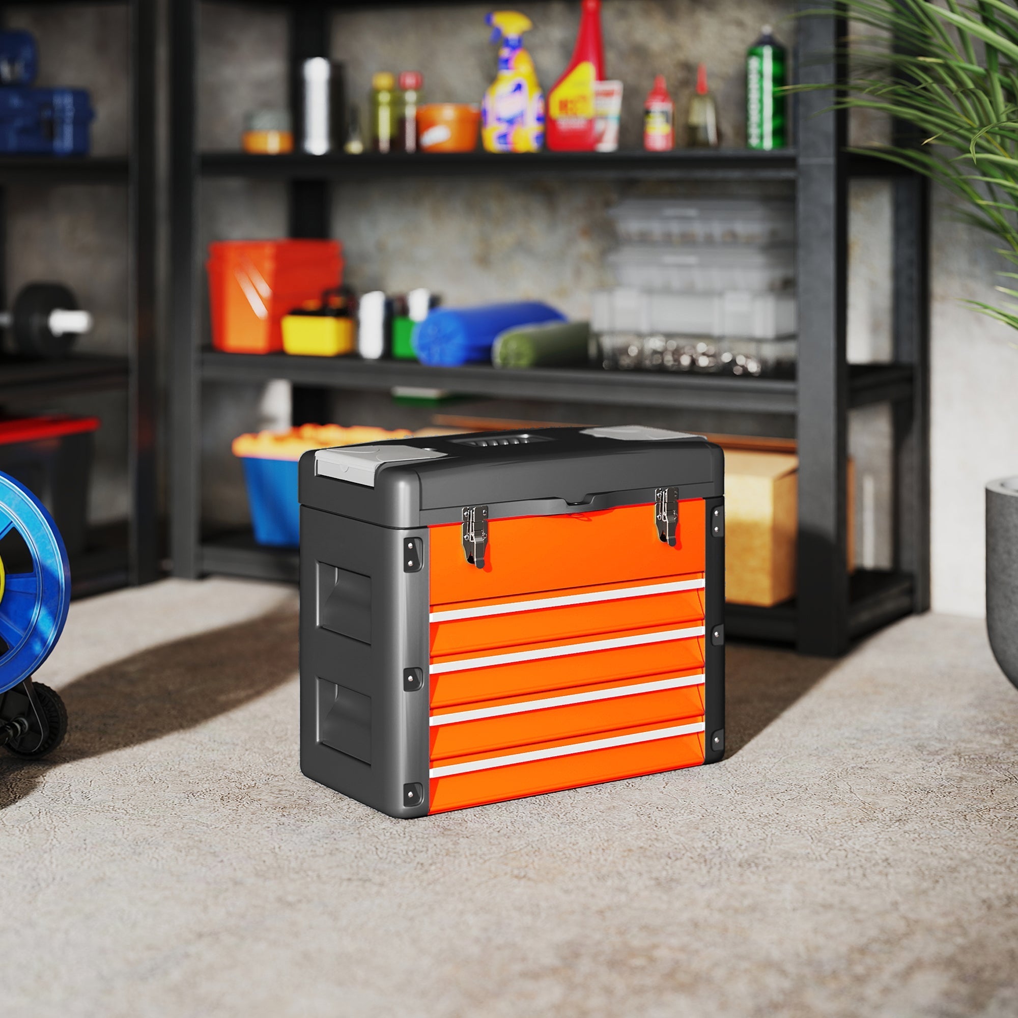 Homcom large orange toolbox with four steel drawers and two detachable mini compartments for easy storage
