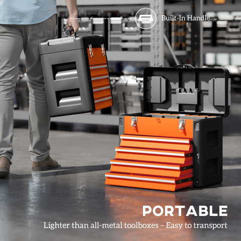Orange and black homcom large toolbox with four steel drawers and two detachable mini compartments and built-in handle