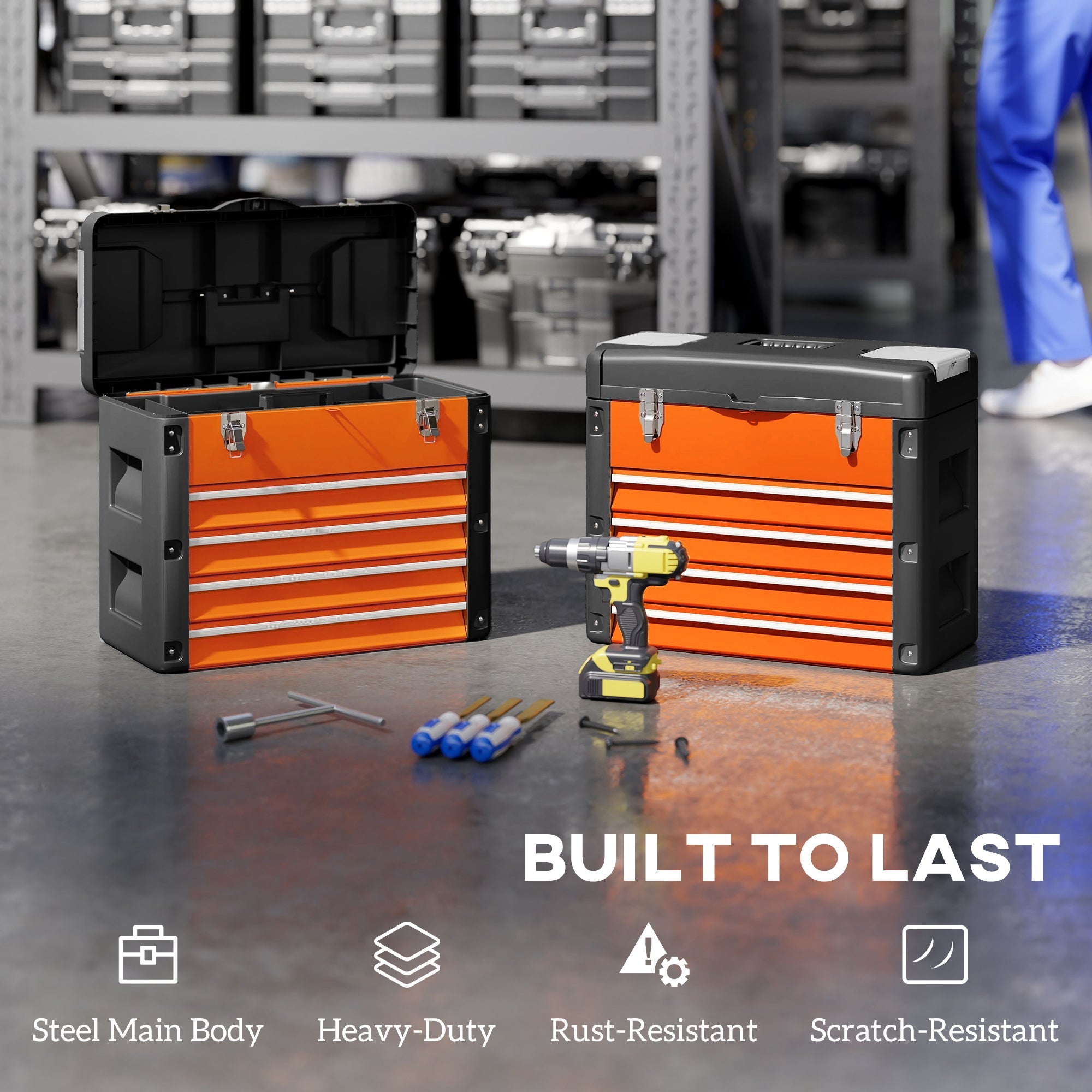 Orange and black steel large toolbox with four steel drawers and two detachable mini compartments by HOMCOM