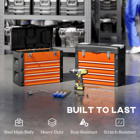 Orange and black steel large toolbox with four steel drawers and two detachable mini compartments by HOMCOM