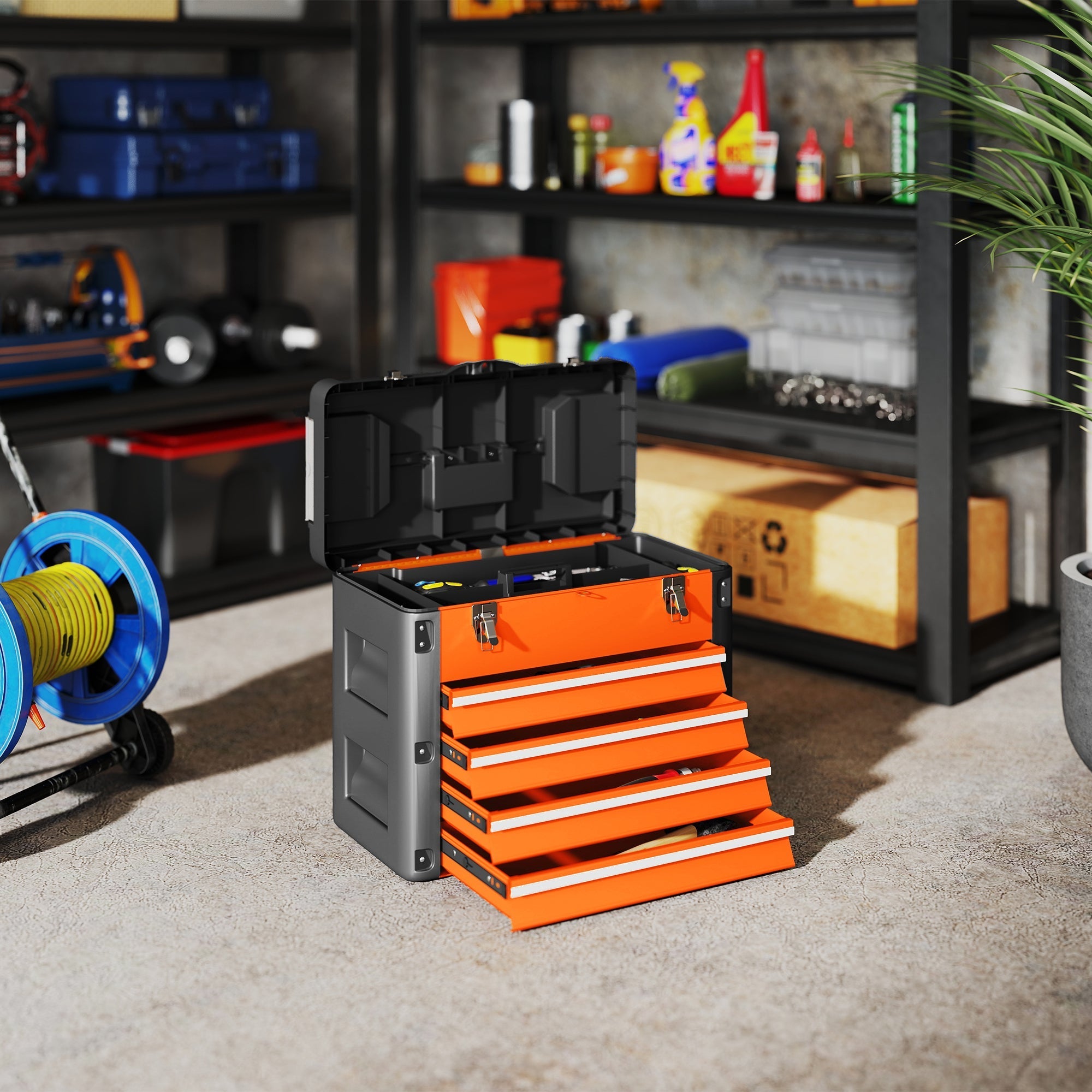 Orange and gray homcom large toolbox with four steel drawers and two detachable mini trays with black latches