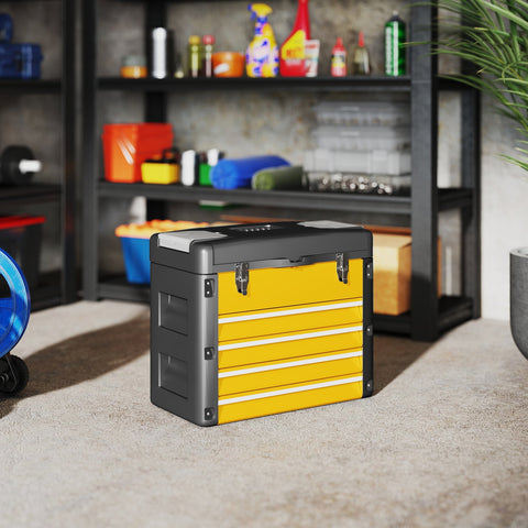 Yellow and black homcom large toolbox with five steel drawers and two detachable mini toolboxes for easy storage