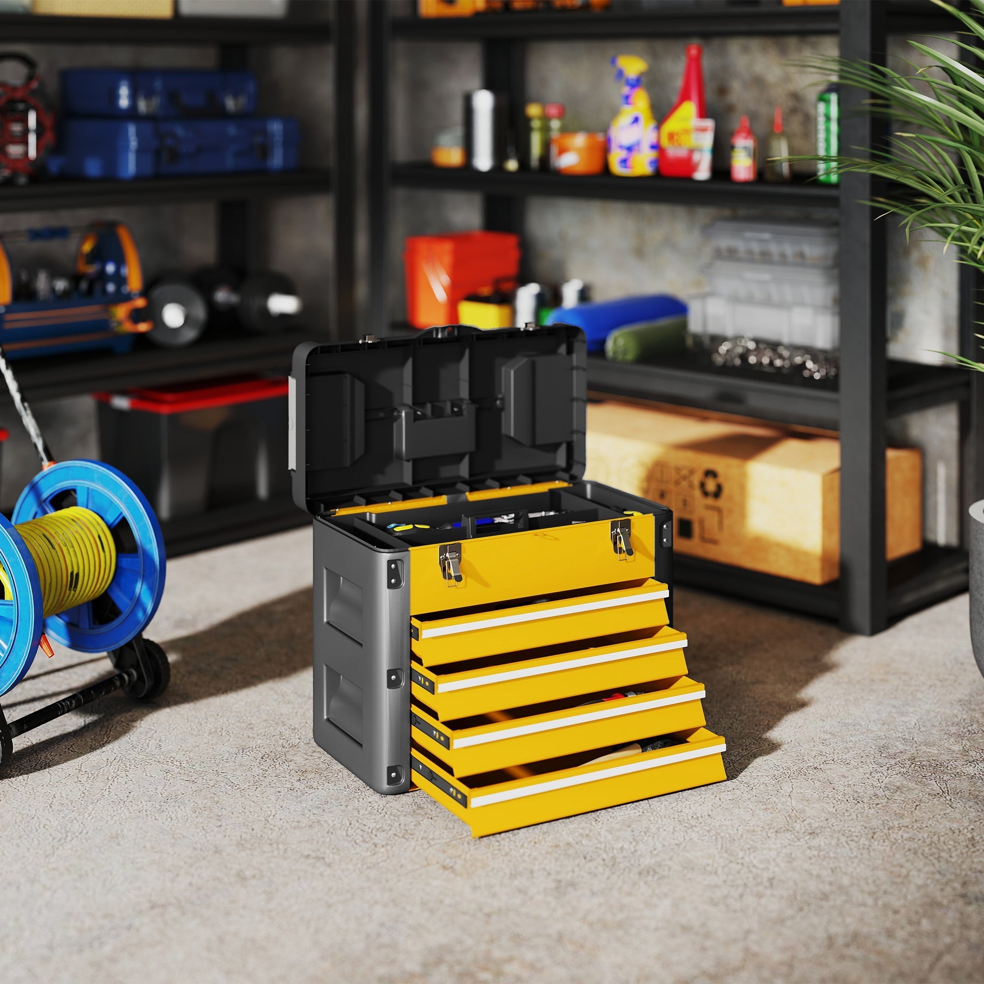 Yellow and gray homcom large toolbox with steel drawers, black lid, two detachable mini compartments, and sturdy metal build
