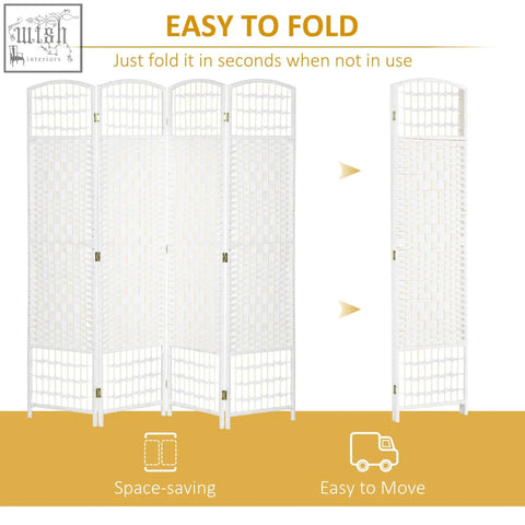White woven room divider with wooden frame and paper rope, 4 panel foldable screen for privacy and partition