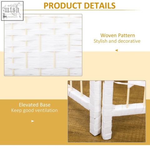 White woven rattan garden chair with decorative pattern and elevated base beside homcom white wooden frame room divider with paper rope panels