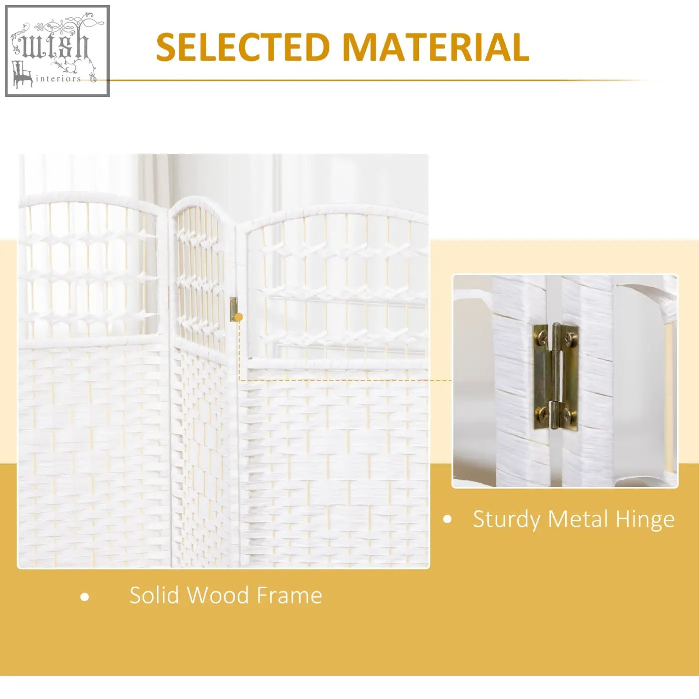 White woven wicker room divider with wooden frame metal hinge and paper rope panels for living room privacy