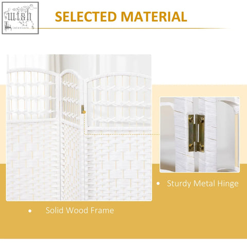 White woven wicker room divider with wooden frame metal hinge and paper rope panels for living room privacy