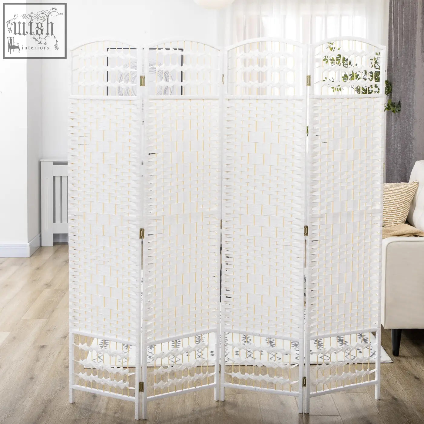 White three-panel room divider with wooden frame woven wicker texture and decorative lattice patterns for privacy and style