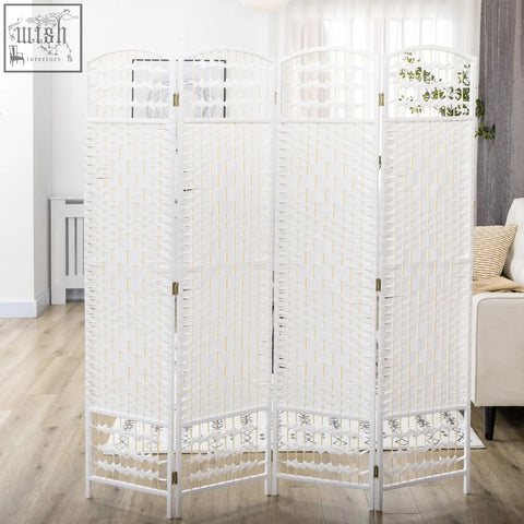 White three-panel room divider with wooden frame woven wicker texture and decorative lattice patterns for privacy and style