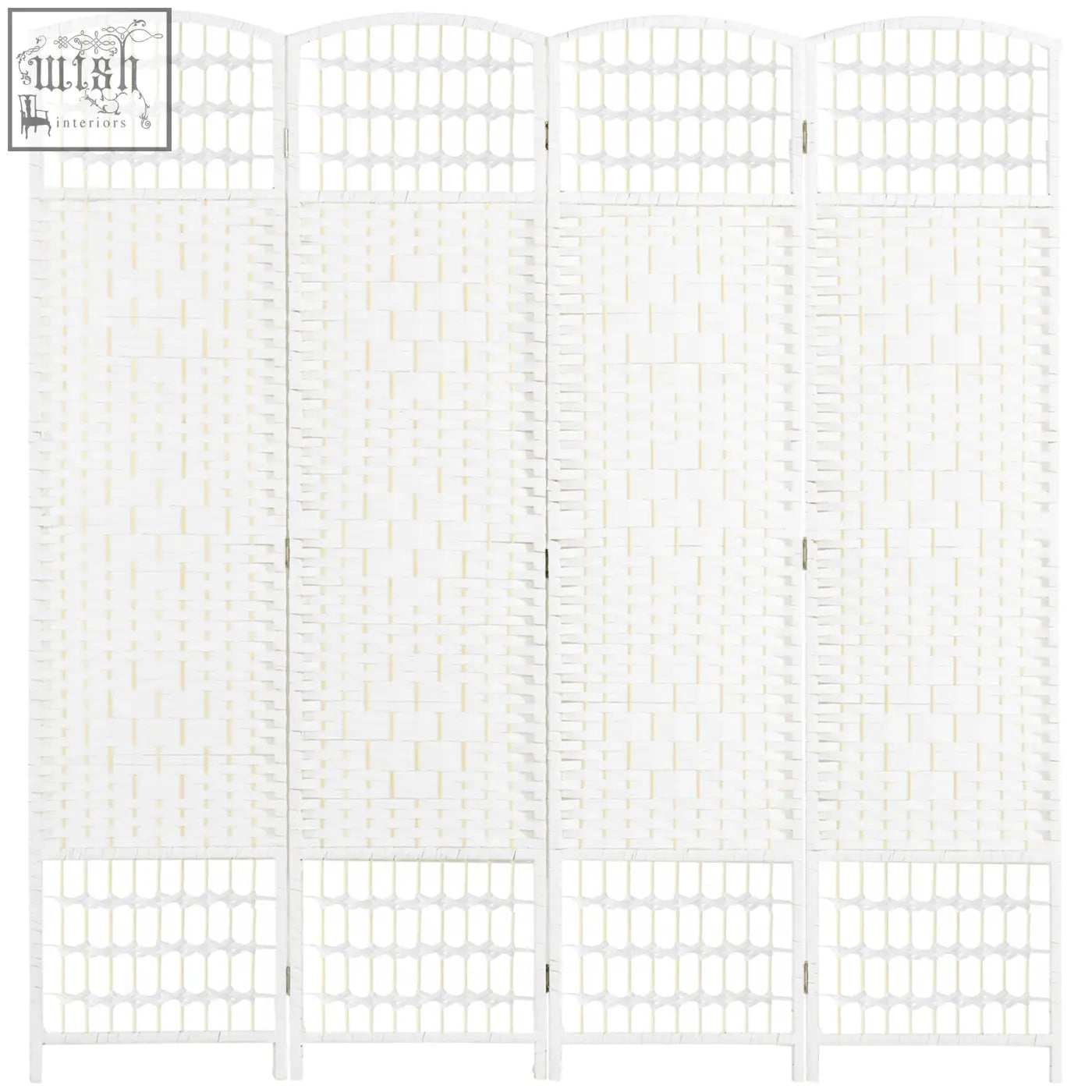 White four-panel room divider with wooden frame and paper rope woven lattice design for privacy and decor
