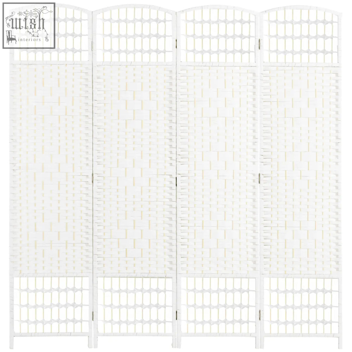 White four-panel room divider with wooden frame and paper rope woven lattice design for privacy and decor
