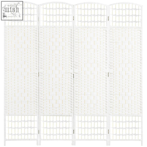 White four-panel room divider with wooden frame and paper rope woven lattice design for privacy and decor