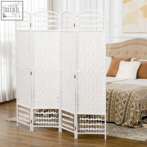 White woven wicker 4 panel room divider with wooden frame and paper rope lattice for living room privacy