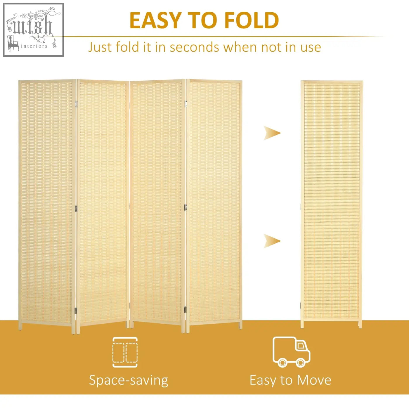 Beige woven bamboo 4 panel room divider with wooden frame foldable design for living room bedroom and office use