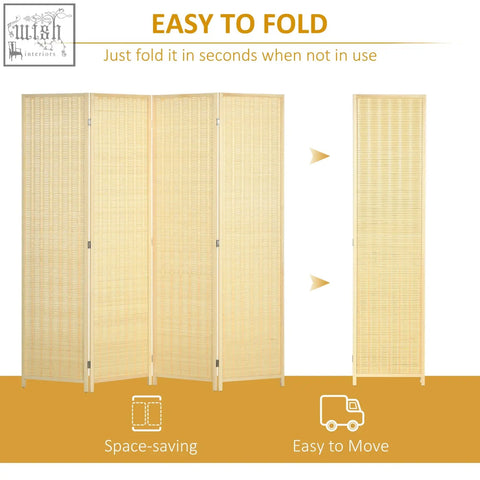 Beige woven bamboo 4 panel room divider with wooden frame foldable design for living room bedroom and office use