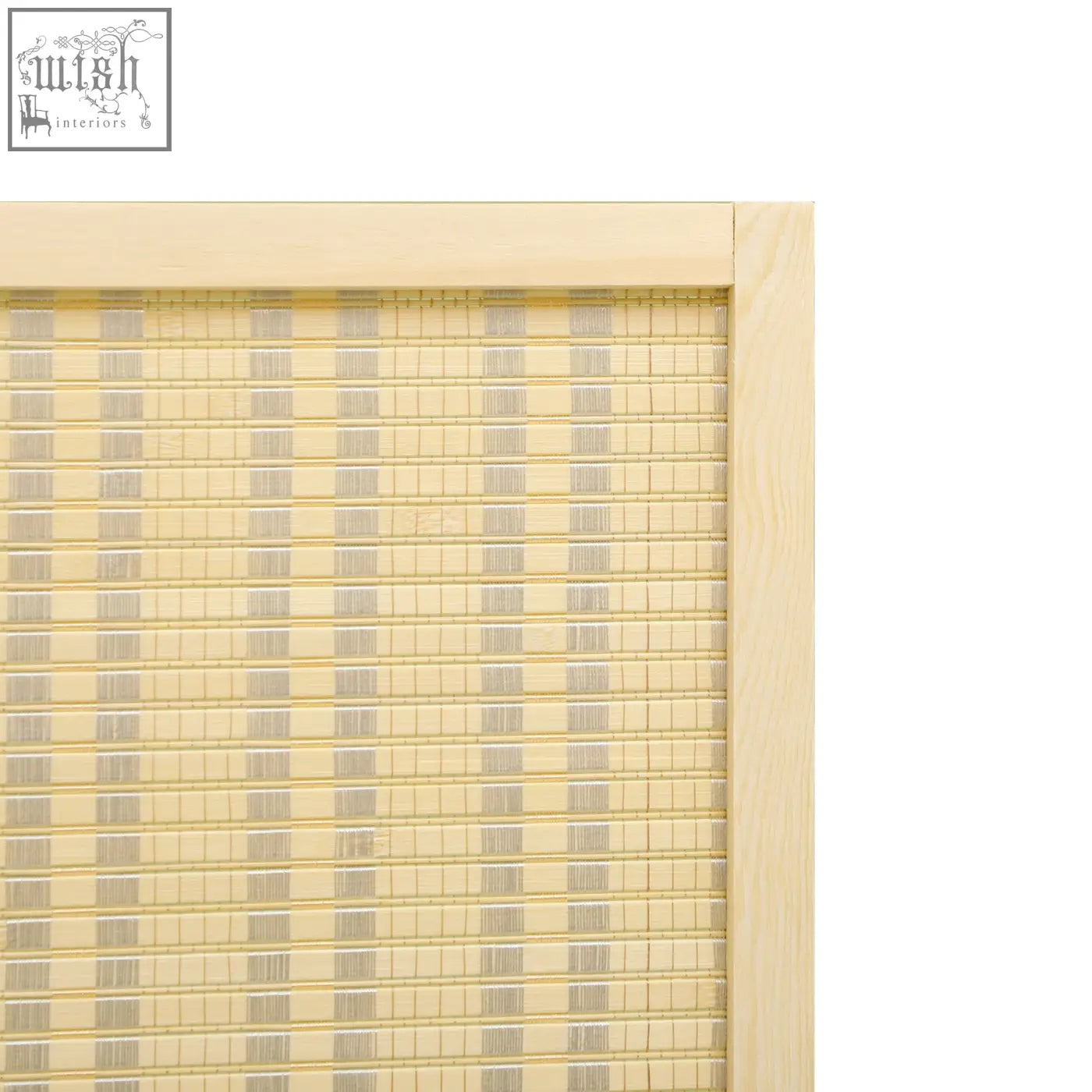 Light-colored bamboo panel room divider with natural wooden frame for privacy in living room bedroom or office
