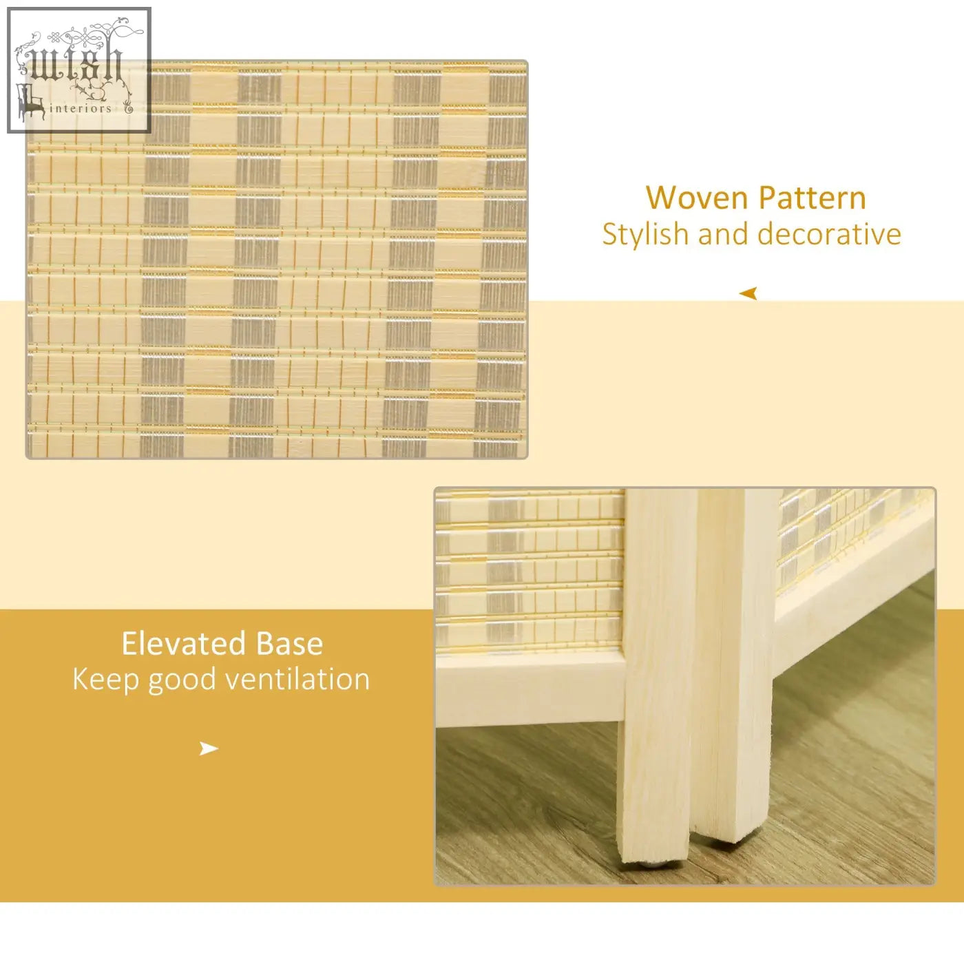 Beige woven bamboo panel room divider with white wooden frame legs perfect for living room bedroom office privacy