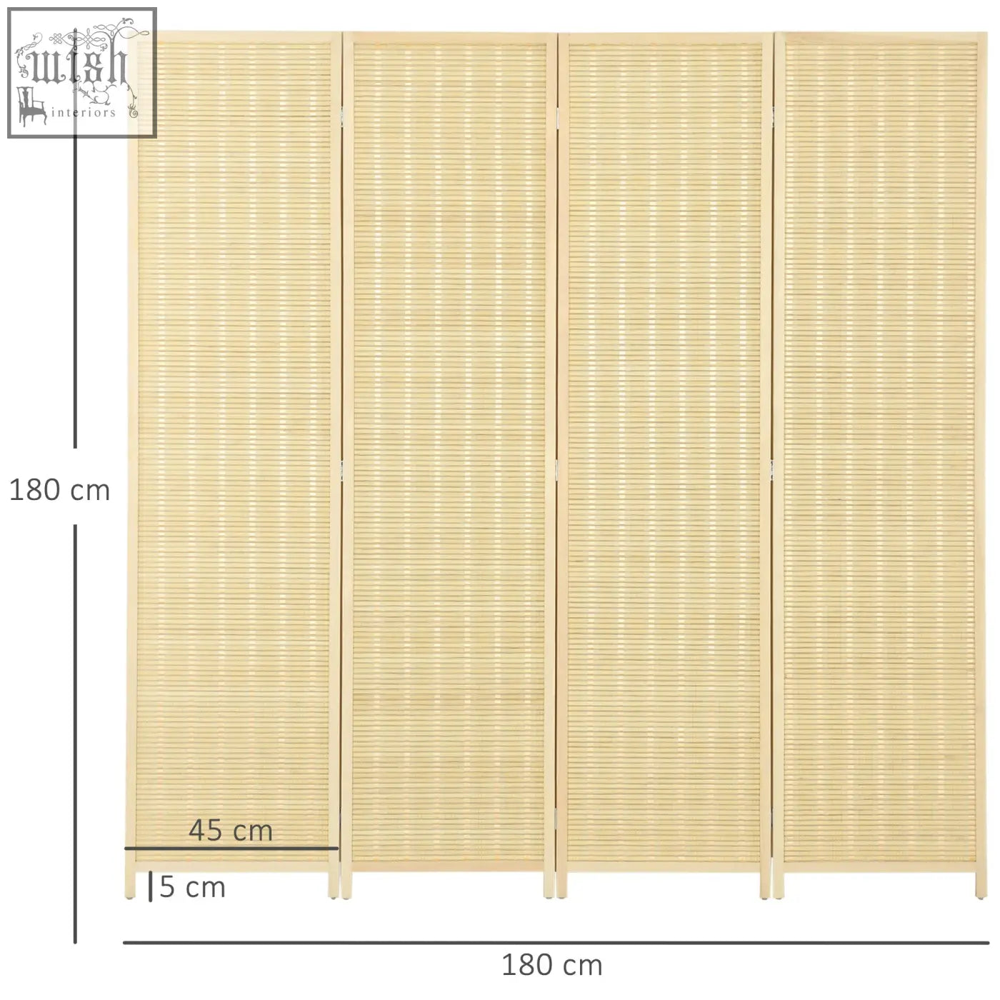 Beige bamboo four-panel room divider with wooden frame and vertical slat design for privacy in living spaces