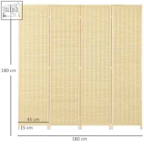 Beige bamboo four-panel room divider with wooden frame and vertical slat design for privacy in living spaces