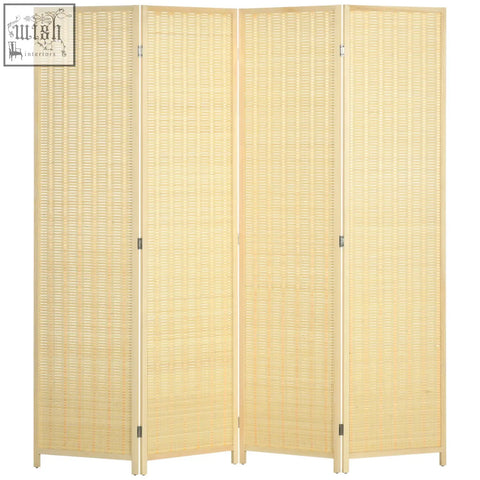 Beige four-panel woven bamboo room divider with light wooden frame for living room privacy and decoration