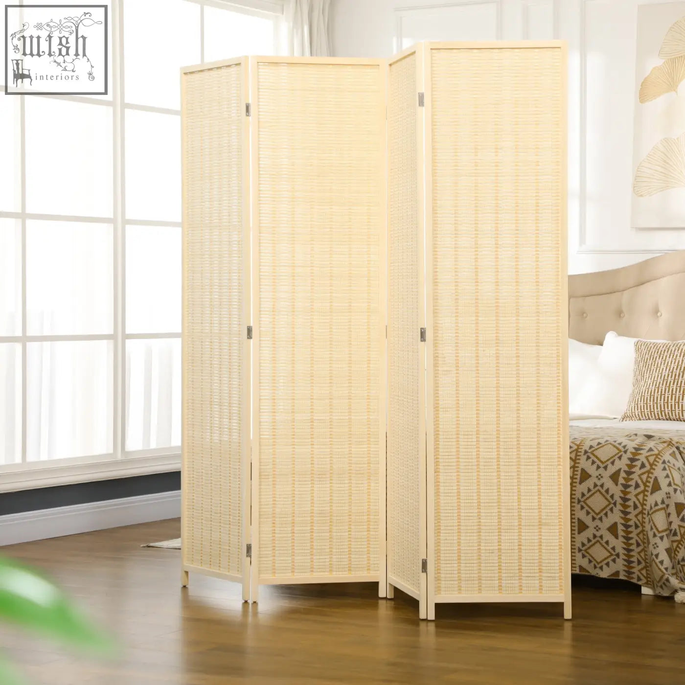 Beige woven rattan 3 panel room divider with wooden frame for privacy in living room bedroom or office
