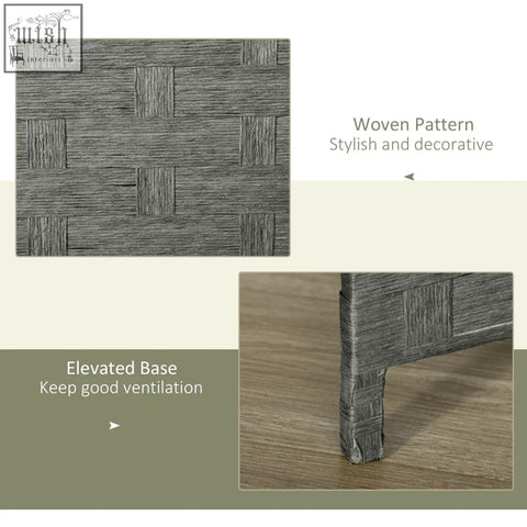 Gray woven resin side table with wicker effect texture and elevated base beside homcom four panels privacy screen
