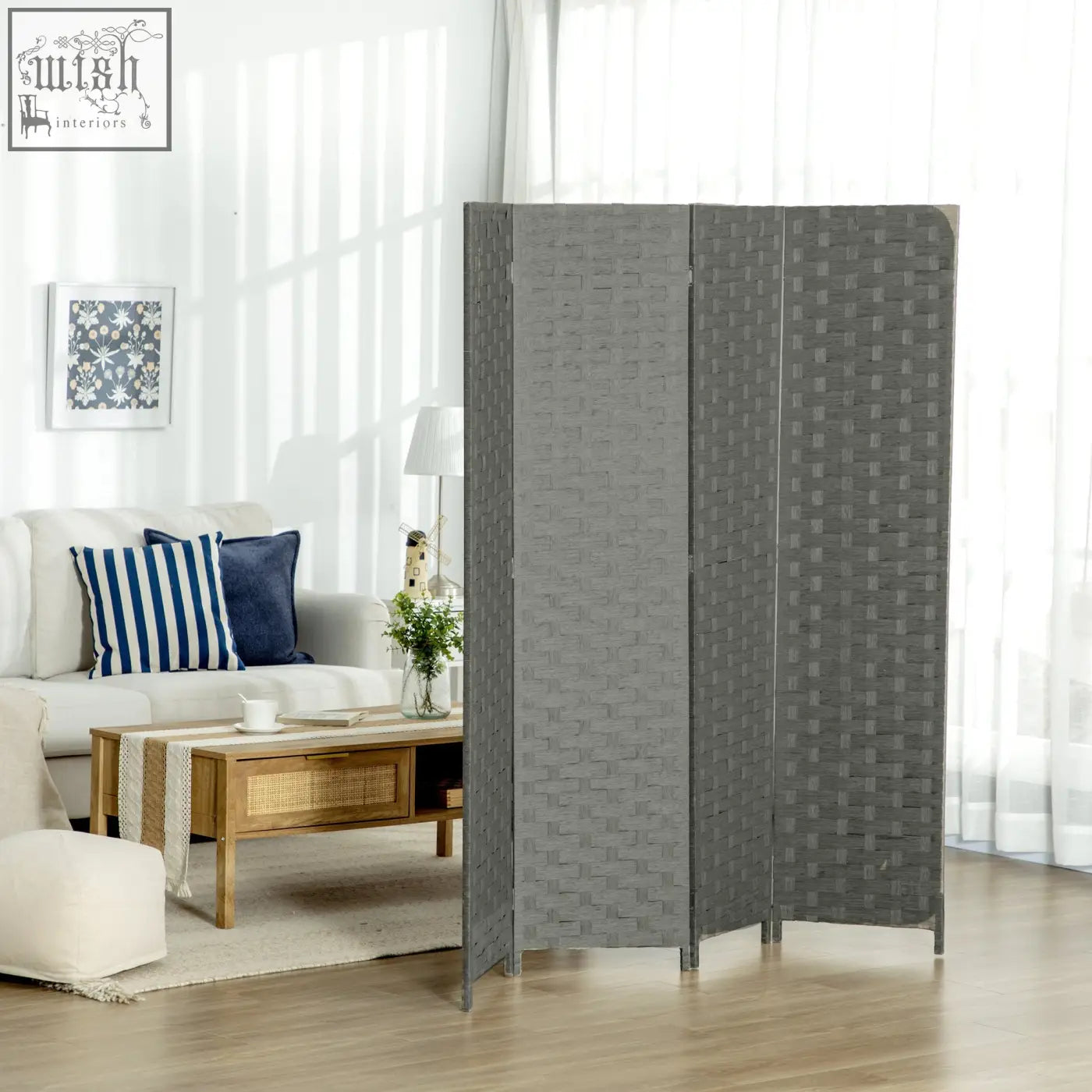Gray four panel room divider with wicker effect woven texture freestanding privacy screen for indoor use