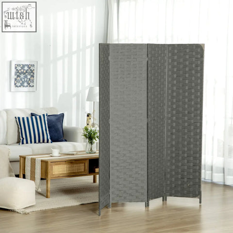 Gray four panel room divider with wicker effect woven texture freestanding privacy screen for indoor use