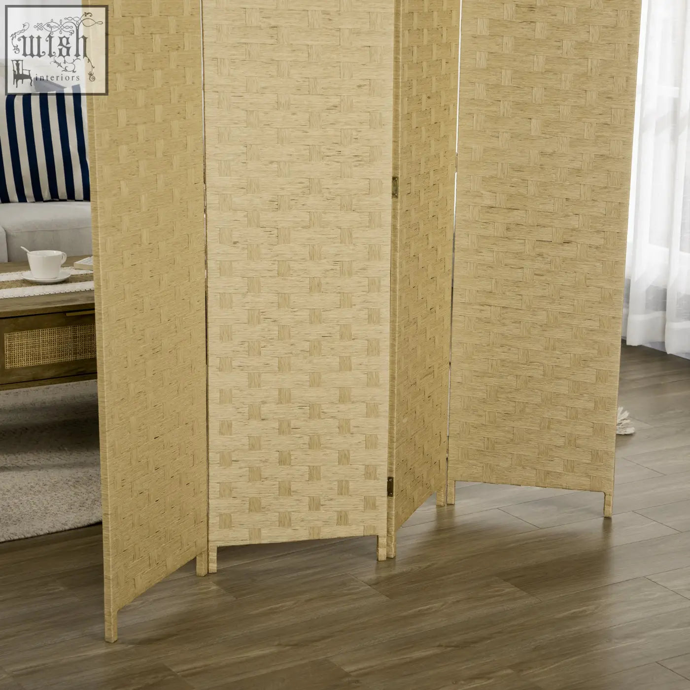 Beige woven rattan three-panel room divider with wicker effect for indoor privacy and stylish space separation