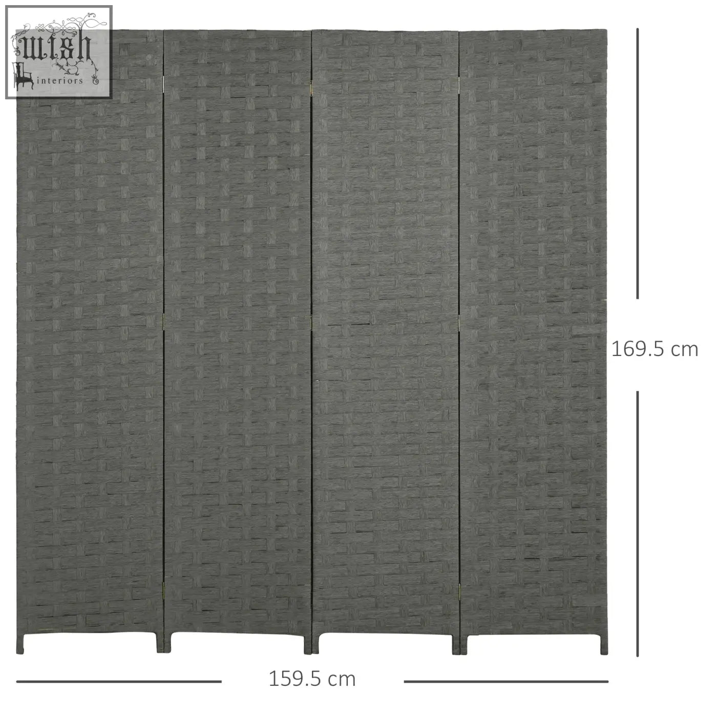 Gray woven rattan four panel room divider with wicker effect privacy screen for indoor bedroom and office use