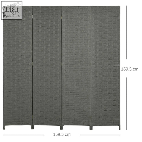 Gray woven rattan four panel room divider with wicker effect privacy screen for indoor bedroom and office use