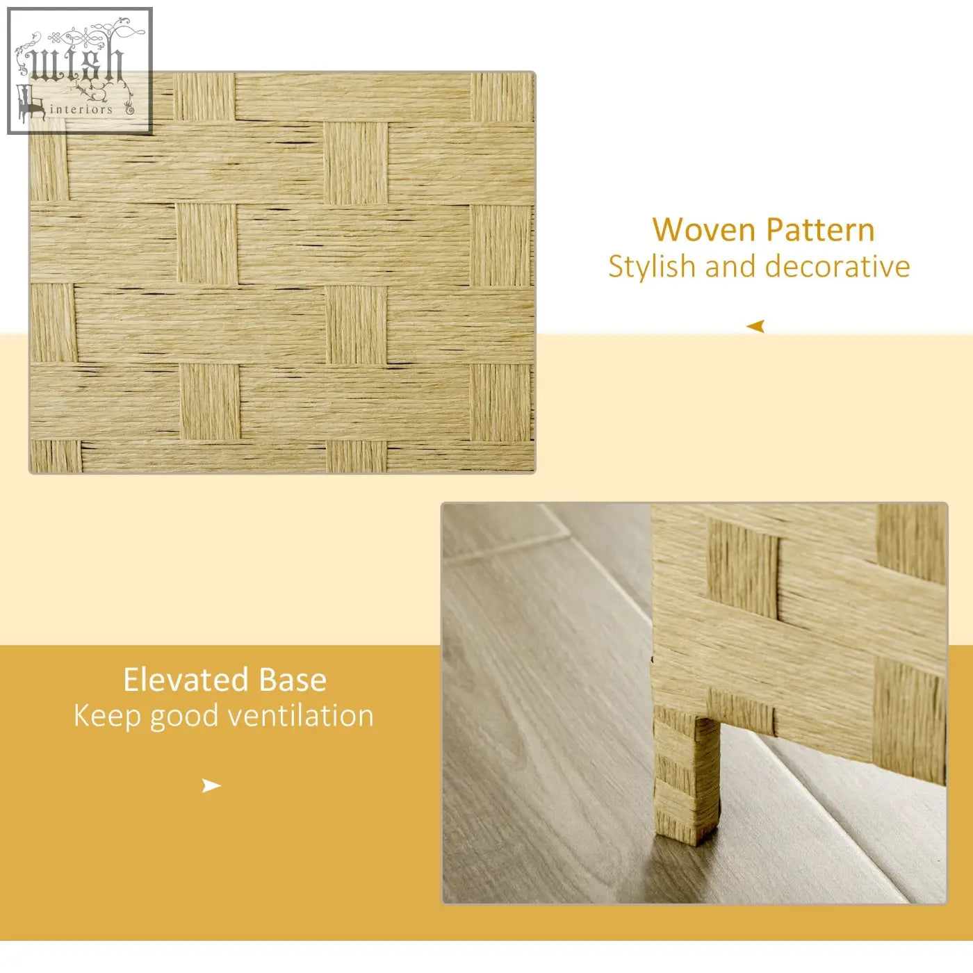Light brown woven mat with a wicker effect and textured basketweave on the base of four panels room divider