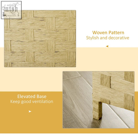 Light brown woven mat with a wicker effect and textured basketweave on the base of four panels room divider