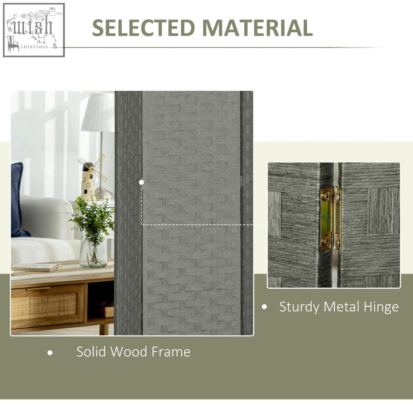 Gray four panels woven privacy screen with solid wood frame and wicker effect for indoor bedroom or office use