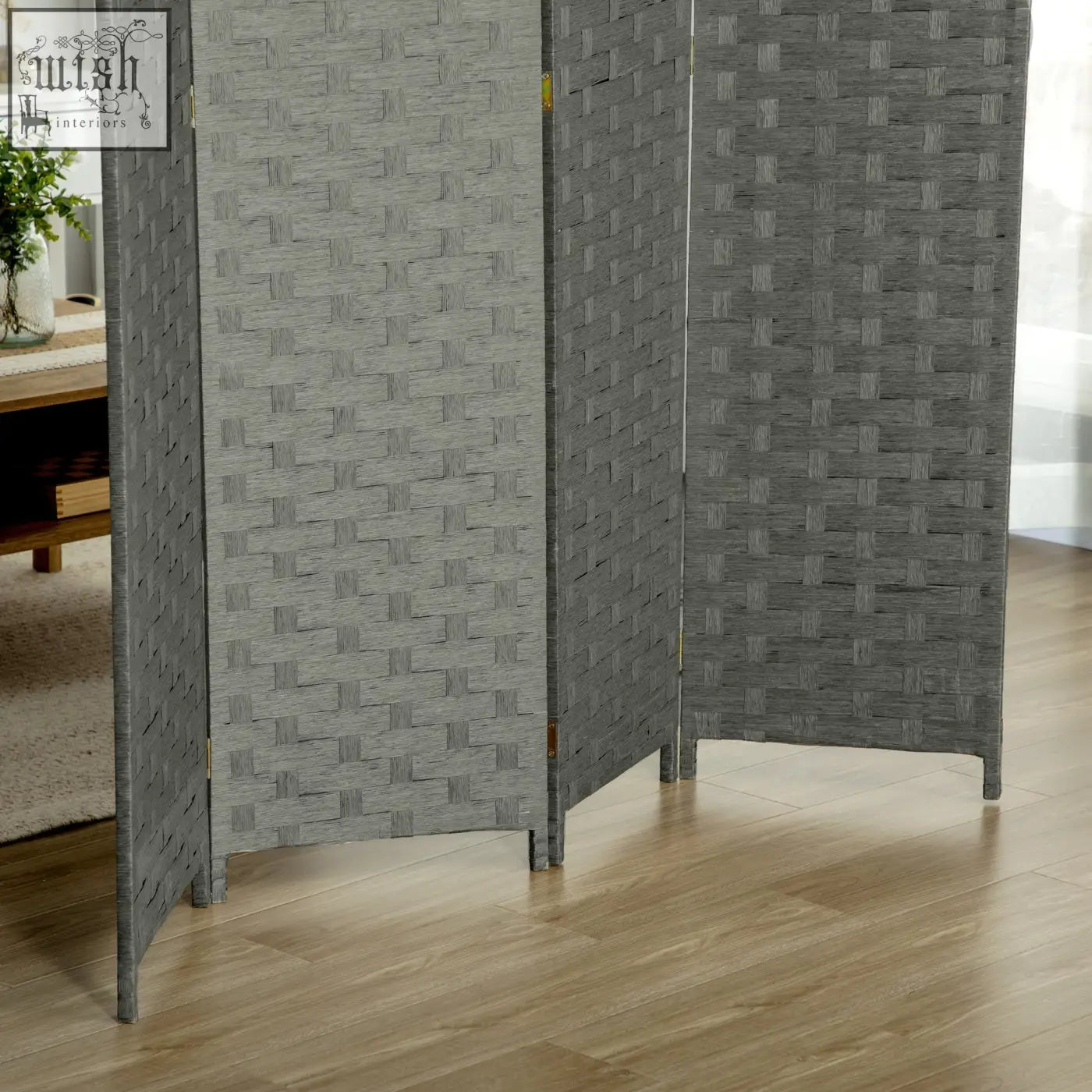 Gray woven four panels room divider with wicker effect privacy screen and metallic hinges for indoor use